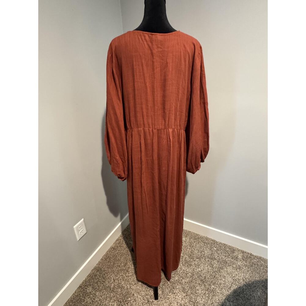 Eloquii Wrap Dress Womens 14 Rust Orange Linen Maxi Balloon Sleeve Side Slit - Picture 2 of 7